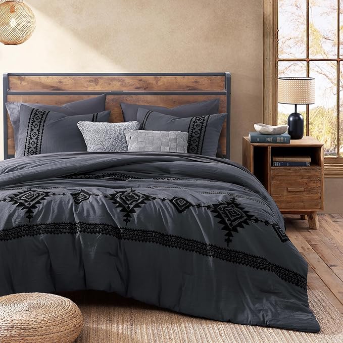 MaiRêve Embroidery Full Size Comforter Set Crown Blue, Farmhouse Western Boho Bedding Set 7 Pieces, All Season Bed in A Bag Comforter Set with Sheets, Pillowcases & Shams