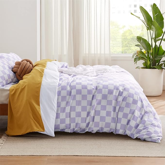Bedsure Duvet Cover Twin Size - Reversible Checkered Duvet Cover Set with Zipper Closure, 2 Pieces Purple Bedding Set with 8 Corner Ties and 1 Pillow Sham 20"x26"