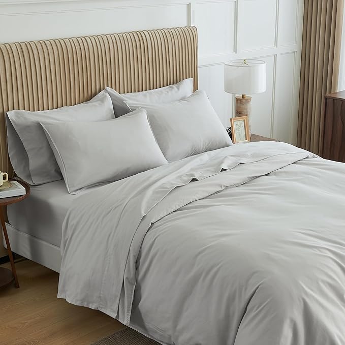 Simple&Opulence Belgian Linen Sheet Set Solid Color - 6 Pieces (1 Flat Sheet & 1 Fitted Sheet & 4 Pillowcases) 16" Deep Pocket Natural Flax Cotton Blended Soft Bedding - Khaki Grey, Queen Size