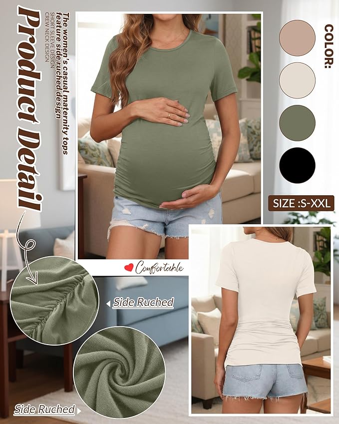 Huukeay 4 Pack Women's Maternity Shirts, Crew Neck Maternity Top Short Sleeve Casual Cotton Tee Side Ruched Pregnancy Clothes