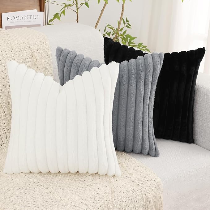 decorUhome Cozy Faux Fur Spring Throw Pillow Covers 16x16 Set of 2 Decorative Soft Plush Striped Modern Farmhouse Boho Couch Pillow Cases with Velvet Back for Sofa Bed Living Room, White