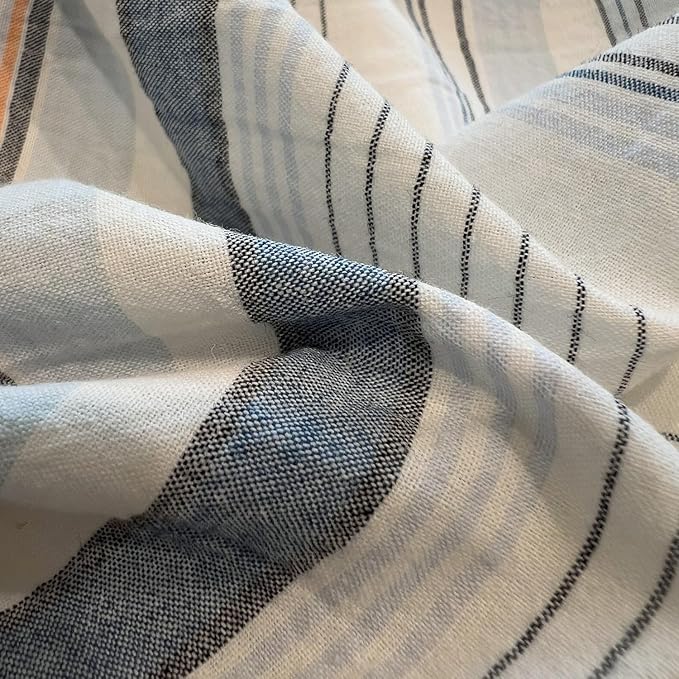 mixinni Vintage Blue and White Striped Duvet Cover Set Full - 100% Washed Cotton 3 Piece Bedding Set with Geometric Pattern, Soft Breathable Comforter Cover with Zipper Closure & Corner Ties
