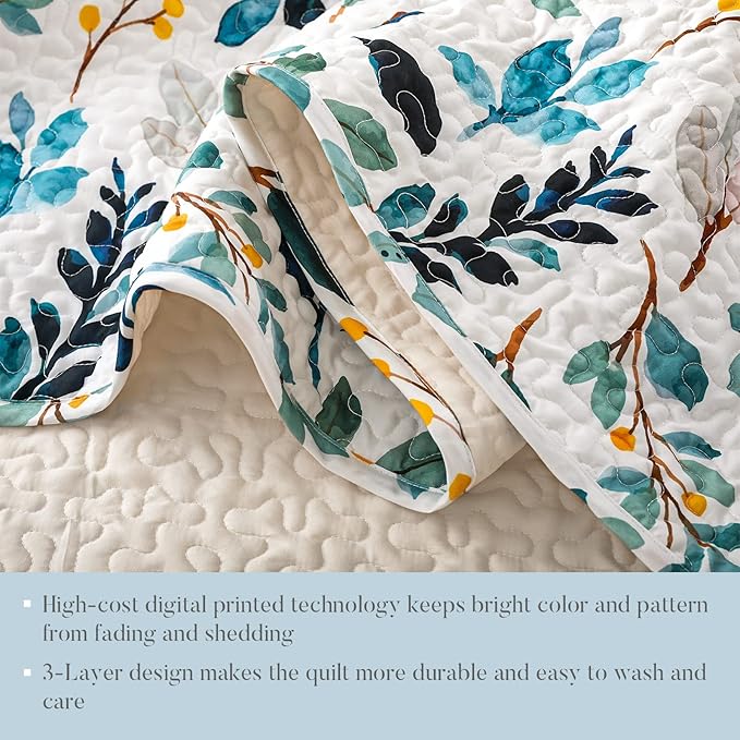 Whale Flotilla Reversible Printed Quilts Queen Size, Extra Soft Boho Floral Leaf Bedspreads for Bed Lightweight Full Queen Quilt Bedding Set Coverlets with 2 Pillow Shams for All Seasons, White Green