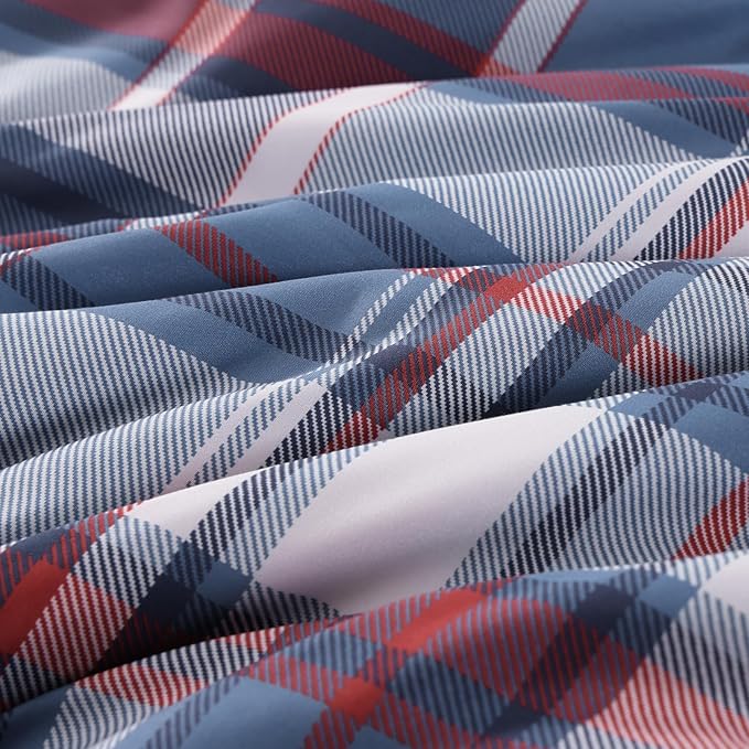 Plaid Queen Size Comforter Set Navy Red, Bedding Set 7 Pieces for Boys Girls Teen, Lightweight All Season Bed in a Bag with Sheets, Pillowcases & Shams