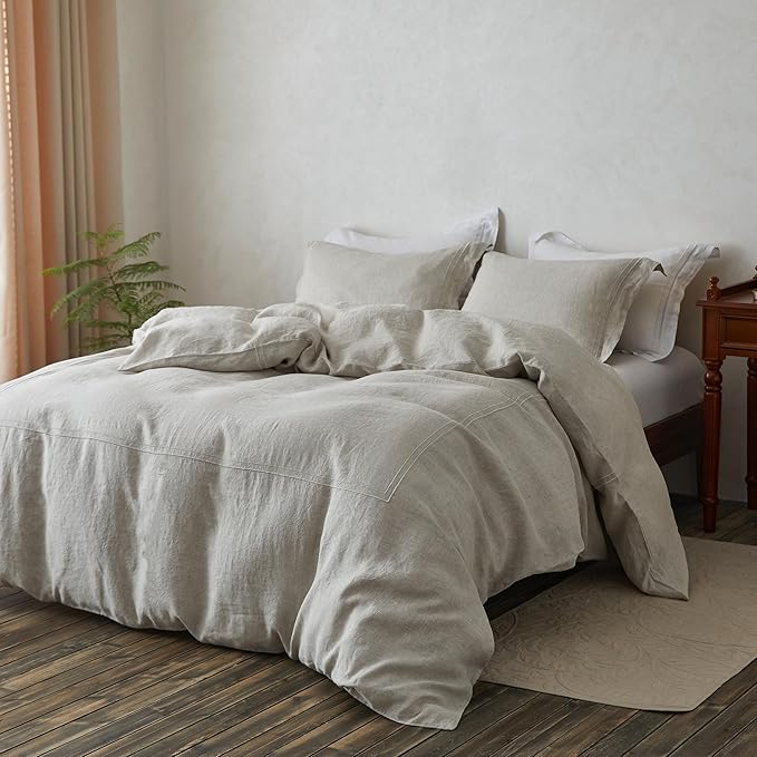 Simple&Opulence 100% Washed Linen Duvet Cover Set 104"x92" - 3 Pieces Soft Farmhouse Comforter Set Double Embroidered with Button Closure - 1 Duvet Cover and 2 Pillowshams (Linen, King)