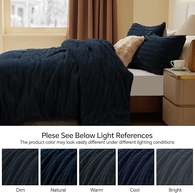 BEDELITE Fleece King Comforter Set -Super Soft & Warm Fluffy Navy Faux Fur Bedding, Luxury Fuzzy Heavy Bed Set for Winter with 2 Pillow Cases
