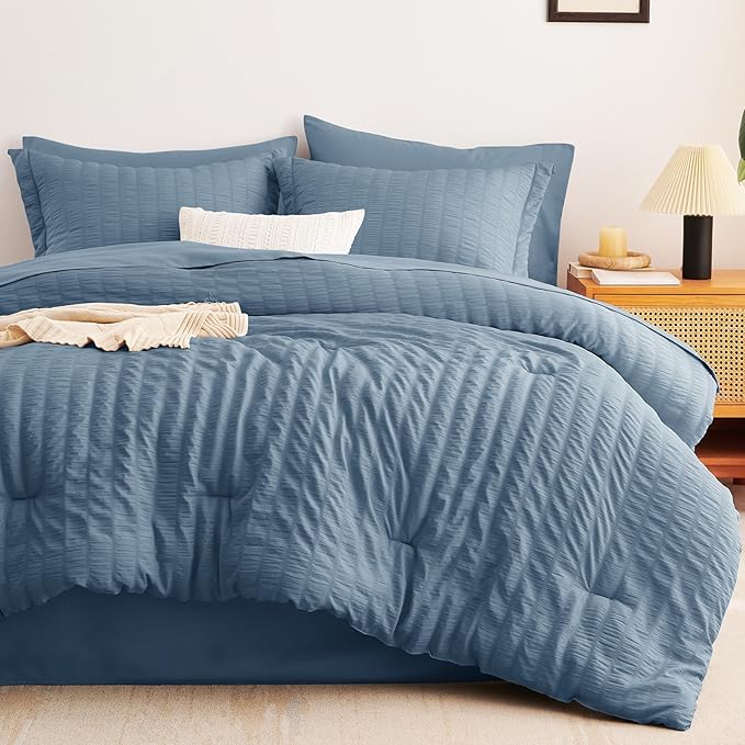 CozyLux Grayish Blue King Size Comforter Set Seersucker 7 Pieces Dusty Blue Bed in a Bag King Comforter Set with Sheets, Luxury Bedding Set with Down Alternative Comforter, Sheets, Pillowcases & Shams