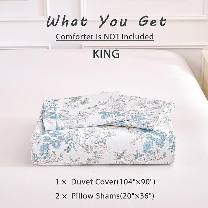 French Country 100% Natural Cotton Duvet Cover Sets 3Pcs - Delicate Pastel Floral Print on White with Soft Blue Mini Check Reverse, Neutral Bedding Set with Button Closure(King,104"×90"