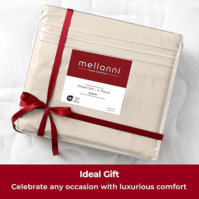 Mellanni Extra Deep King Sheets - 4 PC Iconic Collection Bedding - Hotel Luxury, Ultra Soft, Cooling Bed Sheets - Wrinkle, Fade, Stain Resistant (King, Beige)