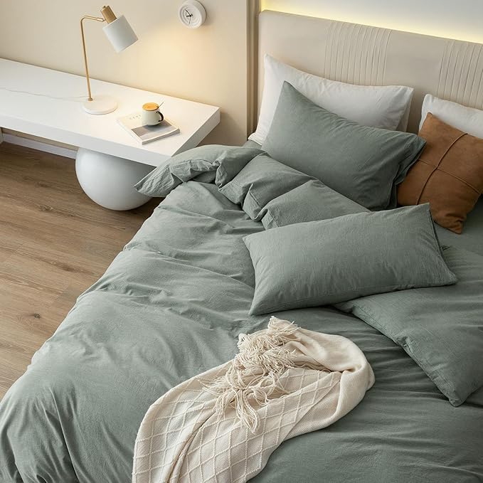 JIYUAN 100% Washed Cotton Duvet Cover Set 3 PCS Super King Plus, 1 Duvet Cover 120x120 Inches(Comforter Not Included) and 2 Pillowcases,Linen Feel Bedding Set Comfy and Breathable, Heathered Green