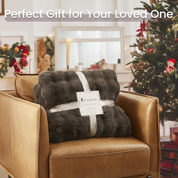 L'AGRATY Faux Rabbit Fur Blanket: 60" x 80" Twin Luxury Soft Fluffy Thick Fur Throw Blanket for Couch Bed Sofa - Cozy Plush Bubble Blankets for Winter: Flannel Fleece Decorative Blanket(Cocoa Brown)