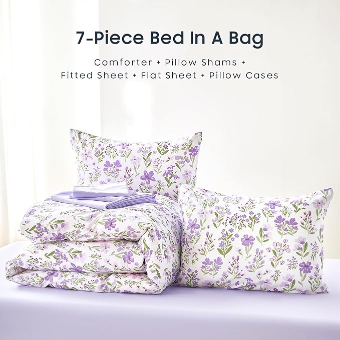 Wake In Cloud - Floral Bedding Set for Girls, Cute Colorful Botanical Flowers Patterned Soft Lightweight Comforter Set with Sheets, 7 Pieces Kids Bed in a Bag, Purple White, Full Size