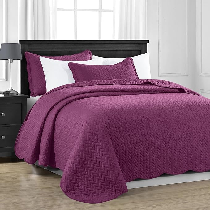 IR Imperial Rooms California King Quilt Bedding Set Size (118"x106") + 2 Pillow Shams (20" x 36"+ 2") - 3 Pcs All Season Reversible Microfiber Coverlet Embossed Quilt Bedspread (Purple)