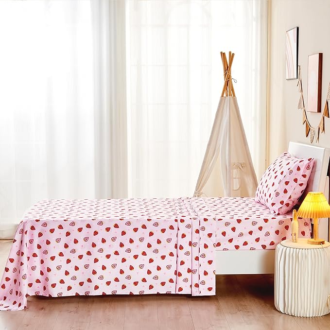 Kids Sheet Set Full Size, Girls Full Sheet Set with Floral Pink Strawberry Pattern,Breathable Silky Soft Microfiber Kids Fitted Sheet