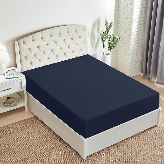 Mellanni Twin Fitted Sheet - Iconic Collection Bedding Sheets with up to 16 inch Deep Pocket - Soft & Cooling - Fade & Stain Resistant - 1 PC (Twin, Navy Blue)