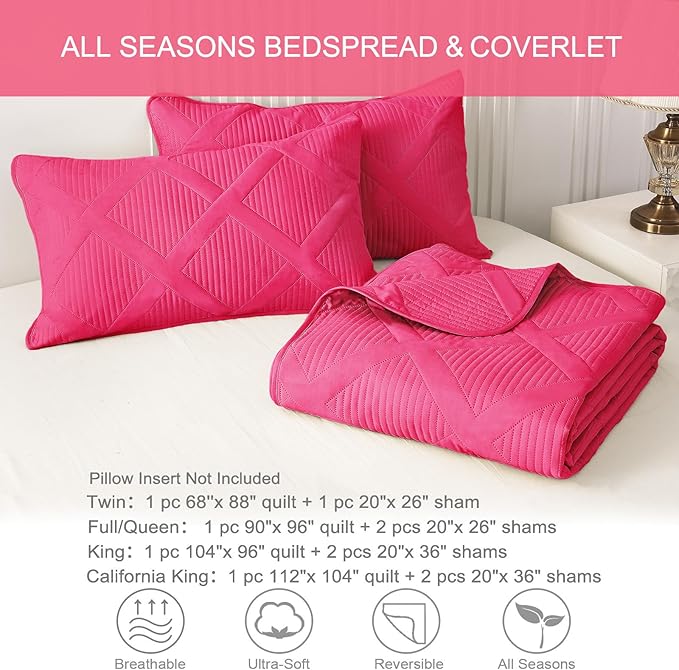 Exclusivo Mezcla Quilts Queen Size - Hot Pink Quilt Set Bedspread with 2 Pillow Shams, Modern Bedding Set with Striped Pattern, Soft Lightweight Bedspreads Queen Size for All Seasons
