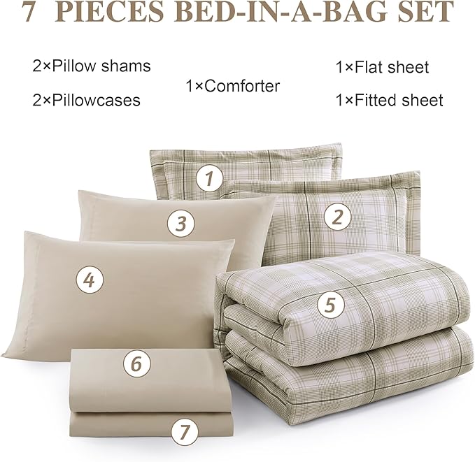 Plaid Queen Comforter Set, Khaki Green Bedding Set 7 Piece for Boys Girls Teen, Classic Homestead-Style Kids Comforter Set Bed in A Bag with Sheets, Pillowcases & Shams