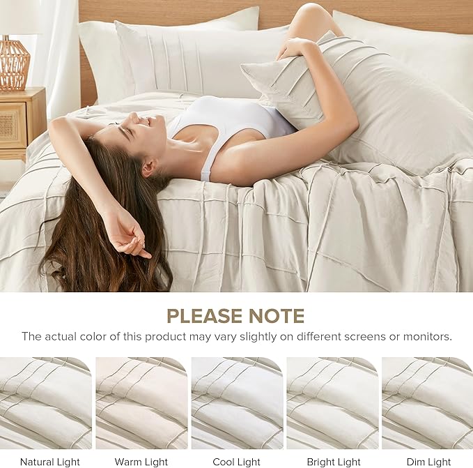 Comfort Spaces Cream Queen Size Duvet Cover Set - 3 Pieces Pintuck Pleated Duvet Cover Queen, All Season Lightweight, Extra Softness Pre-Washed Microfiber Queen Bedding Cover Shams, Full/Queen