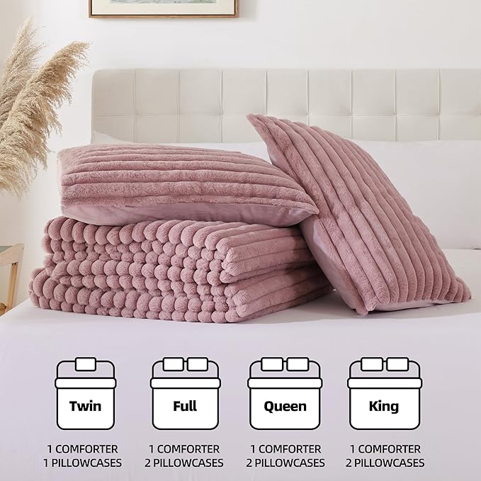 Smoofy Fluffy Queen Comforter Set 3 Pieces - Old Pink Fleece Fluffy Comforter Set, Luxury Fuzzy Queen Bedding Set, Soft Warm Bed Set All Season, Heavy Faux Fur Comforter with 2 Pillow Cases