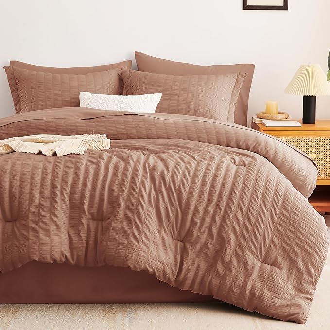 CozyLux Full Size Comforter Sets with Sheets Seersucker 7 Pieces Mocha Mousse Bed in a Bag Textured Luxury Soft Bedding Set with Down Alternative Comforter, Sheets, Pillowcases & Shams for All Seasons