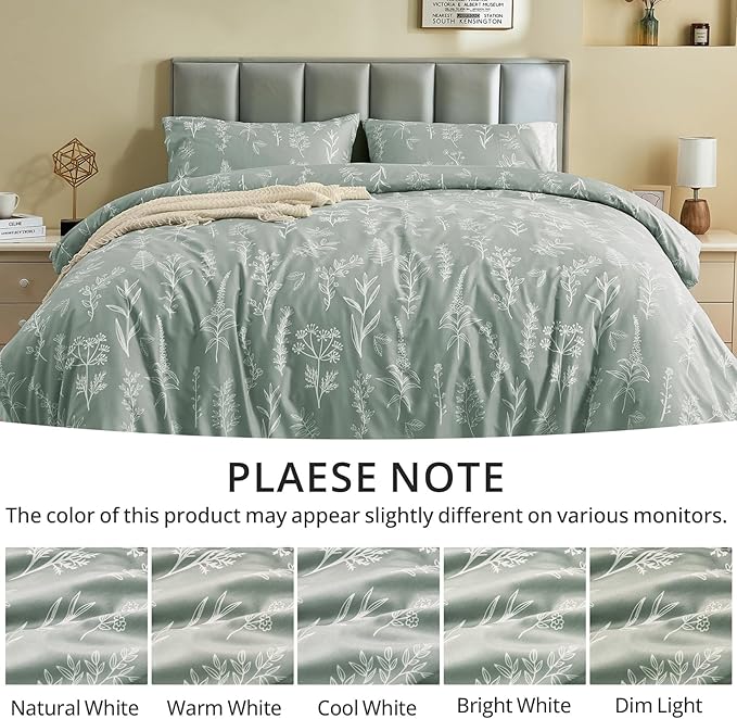MUXHOMO Duvet Cover Full Size, Reversible Floral Green Duvet Cover Set with Zipper Closure, 3 Pieces Botanical Patterns Soft Microfiber Bedding Set with 4 Ties (80"x90", 2 Pillow Cases)