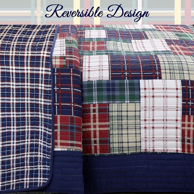 Cozy Line Home Fashions Nate Patchwork Quilt Set, Green Red Navy White 100% Cotton Reversible Coverlet Bedspread for Boy (Nate Patchwork, Twin - 2 Piece)