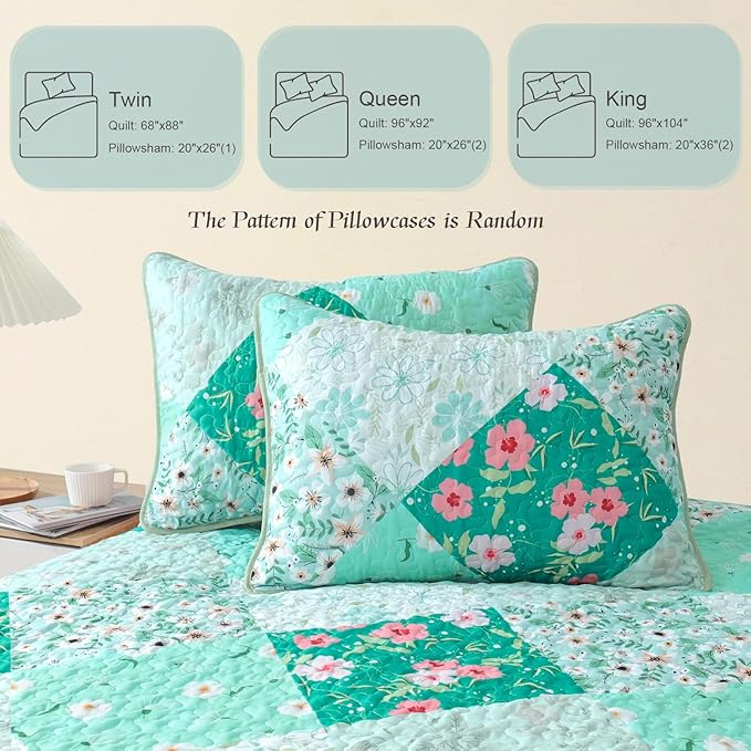 Whale Flotilla Patchwork Quilt King Size, Extra Soft Boho Floral Bedspreads for Bed Reversible Lightweight King Quilt Bedding Set Printed Coverlets with 2 Pillow Shams for All Seasons, Green
