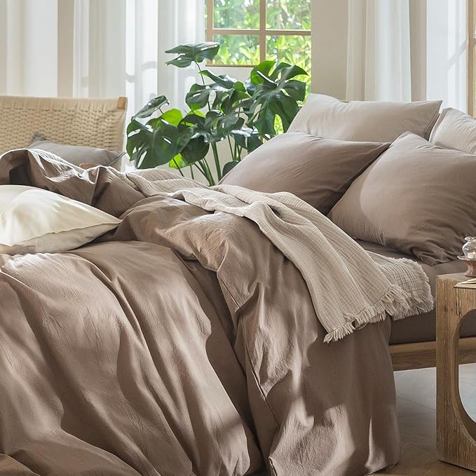 MooMee Bedding Duvet Cover Set 100% Washed Cotton Linen Like Textured Breathable Durable Soft Comfy (Solid Brown, Cal King 104"x98")