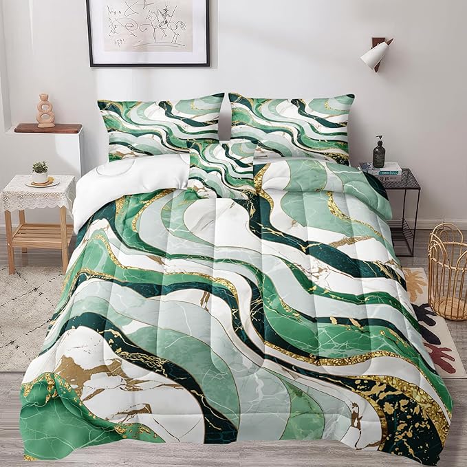 Bedbay Green Gold Queen Comforter Set 4 Pcs Abstract Marble Bedding Set for Boys Teen Adults Soft Cozy Lightweight Fluid Marble Bedding for All Seasons 1 Comforter 2 Pillowcases 1 Cushion Cover