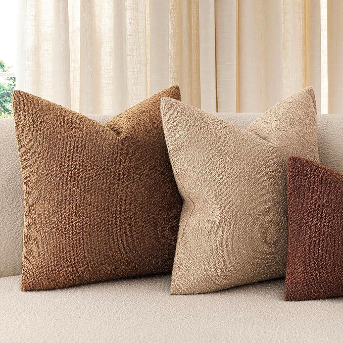 Foindtower Set of 2, Decorative Textured Boucle Throw Pillow Covers Accent Solid Pillow Cases Neutral Soft Cozy Couch Cushion Case for Chair Sofa Bedroom Living Room Home Decor 26x26 Inch Hazel Brown