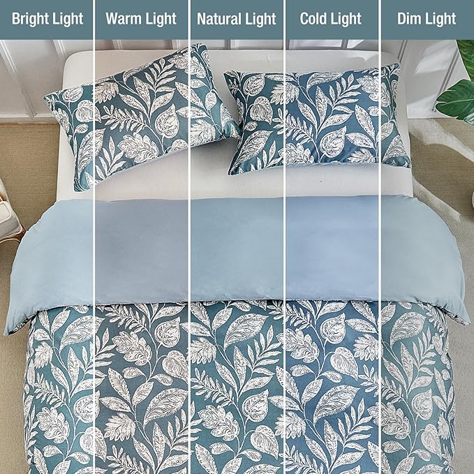 Lekesky Duvet Cover King Size, Reversible Teal Blue Floral Comforter Cover Set King Size 3pc, Soft 100% Washed Microfiber Breathable Bedding Sets with Zipper Ties and 2 Pillowcases