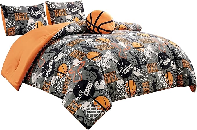 Chezmoi Collection 4-Piece Kids Bedding Comforter Set - Soft Microfiber Gray Orange Multi-Color Basketball Slam Dunk Sports, Full/Queen