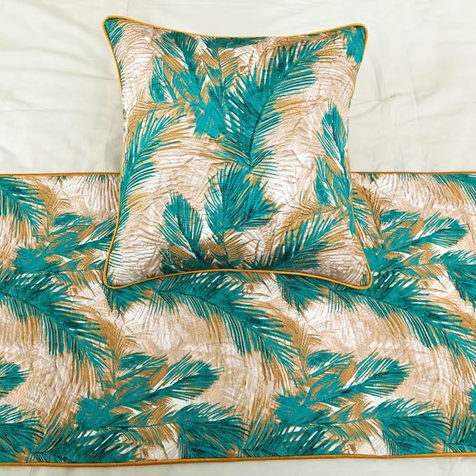 The HomeCentric King/Queen/Twin Green Decorative King 90"x18" Bed Runner Without Pillow Cover, Plam Leaves & Quilted Bed Scarf on Satin Fabric - Palms