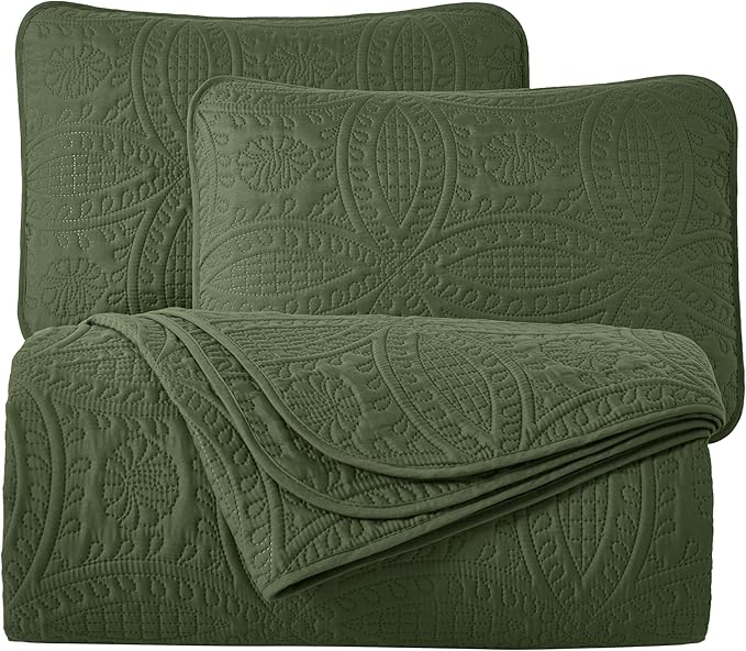 Chezmoi Collection Austin King Oversized Bedspread Set, 3-Piece Pinsonic Quilted Lightweight Microfiber Bedspread Coverlet, Olive Green