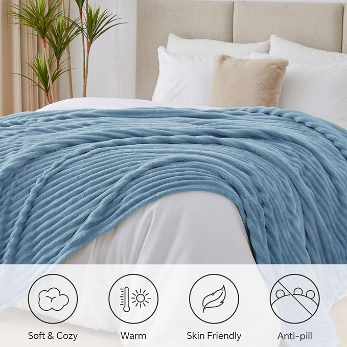 BEDELITE Full Size Blanket for Bed, 300GSM Soft & Warm Fleece Light Blue Blanket, Decorative and Giftable Striped Blankets for Women, Men, 84"x90"