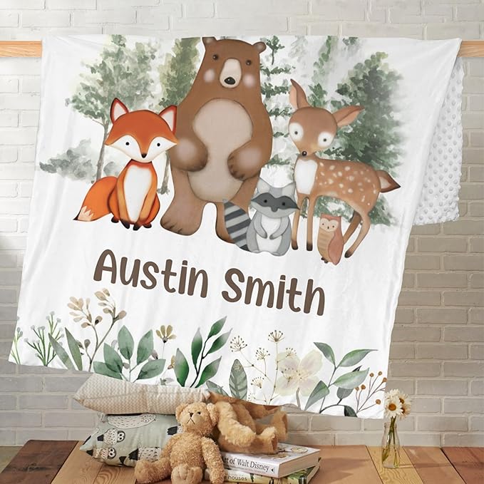 Personalized Baby Blanket, Animals Woodland Baby Blankets for Boys Girls, Super Soft Nursery Blankets with Cotton Front and Dotted Fleece Backing, Printed Bed Throws Newborn