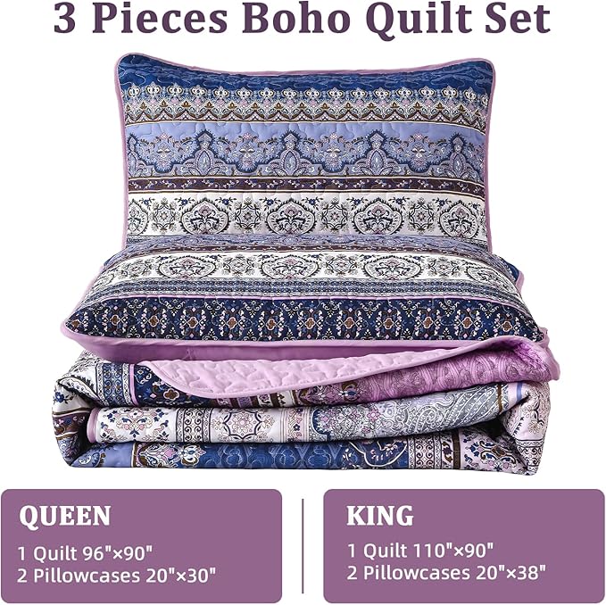 WONGS BEDDING Boho Queen Quilt Set, Purple Bohemian Quilt Bedding Set, Lightweight Bed Decor Bedspread for All Season Reversible Microfiber Coverlet Bedding Set 96"x90"(3 Pieces)