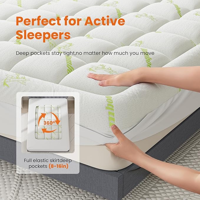 NEWBULIG Twin XL Mattress Topper Viscose Derived from Bamboo, Thick Pillow Top Mattress Pad with Stretchable Pockets, Soft Mattress Topper for Back Pain Relief