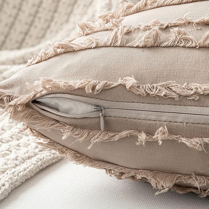 MIULEE Set of 2 Decorative Boho Throw Pillow Covers Spring Linen Striped Jacquard Pattern Cushion Covers for Sofa Couch Living Room Bedroom 16x16 Inch Beige