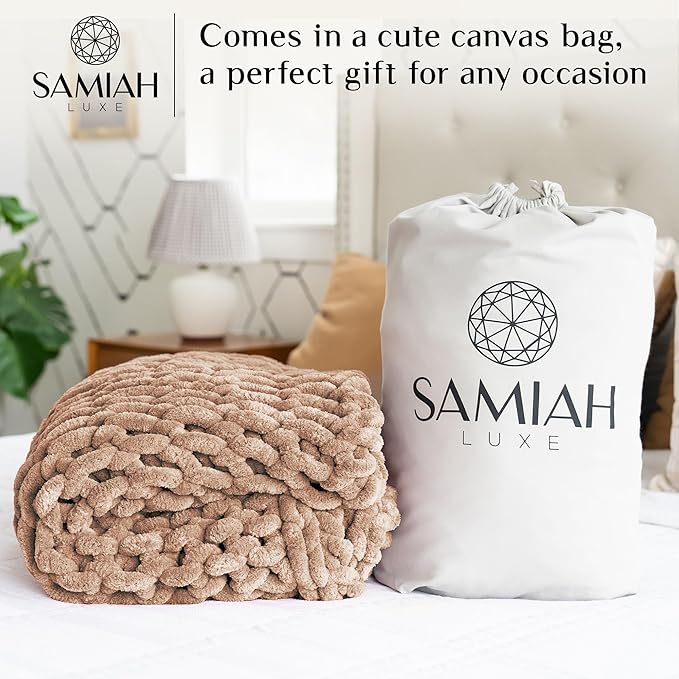 Samiah Luxe Chunky Knit Blanket Throw 50x60", Brown Chenille Chunky Knit Throw Blanket for Living Room Decor or Boho Decor, Thick Yarn Knitted Blankets for Couch or Bed, Cable Knitted Crochet Blankets