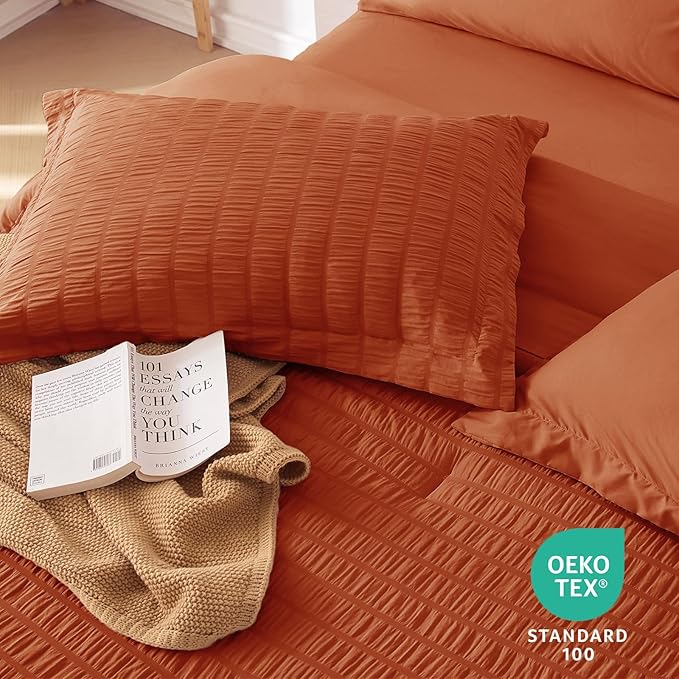 MUXHOMO 7 Pieces Full Comforter Set, Seersucker Bed in a Bag Full Size, All Season Luxury Bedding Set with Comforter, Flat Sheet, Fitted Sheet, Pillowcases & Shams, Burnt Orange
