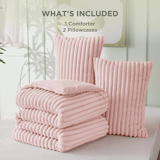 Bedsure Queen Comforter Set - GentleSoft™ 3 Pieces Fluffy Double-Side Fleece Comforter Set, Cozy Striped Room Decor Aesthetic, Luxury Pink Bedding Queen Size with 2 Pillowcases, 90x90 Inches
