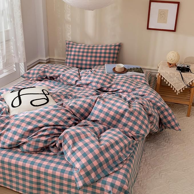 VM VOUGEMARKET Gingham Duvet Cover Set King 3 Pieces Washed Cotton Pink Purple Blue Plaid Checkered Printed Comforter Cover with Zipper Soft Lightweight & Breathable Quilt Cover Set