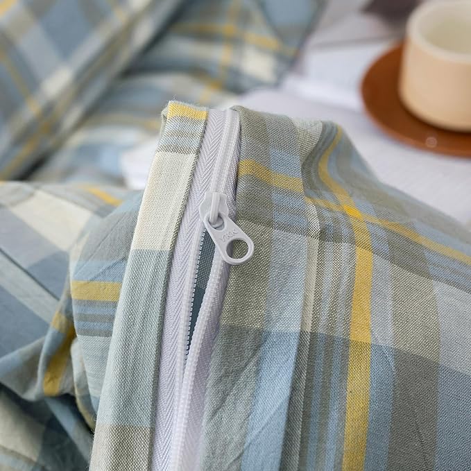 LifeTB Blue Plaid Duvet Cover Set King Washed Cotton Reversible Plaid Bedding Set King Modern Buffalo Grid Duvet Cover with 2 Pillowcases for Men Women Checkered Gingham Duvet Cover King Size
