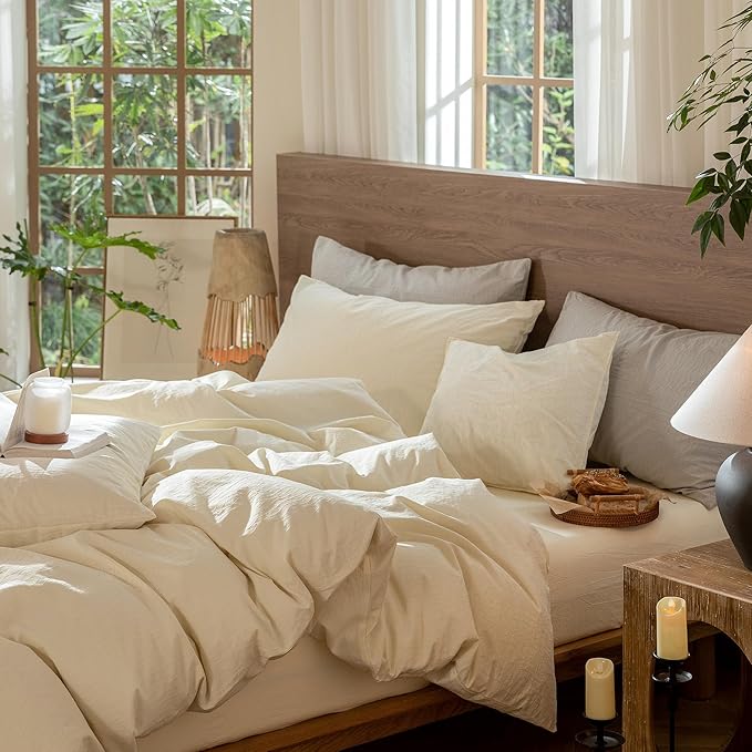 MooMee Wavy Striped Duvet Cover Set 100% Washed Cotton Linen Like Textured Breathable Durable Soft Comfy (Cream White, Palatial King/Oversized King 120"x98")