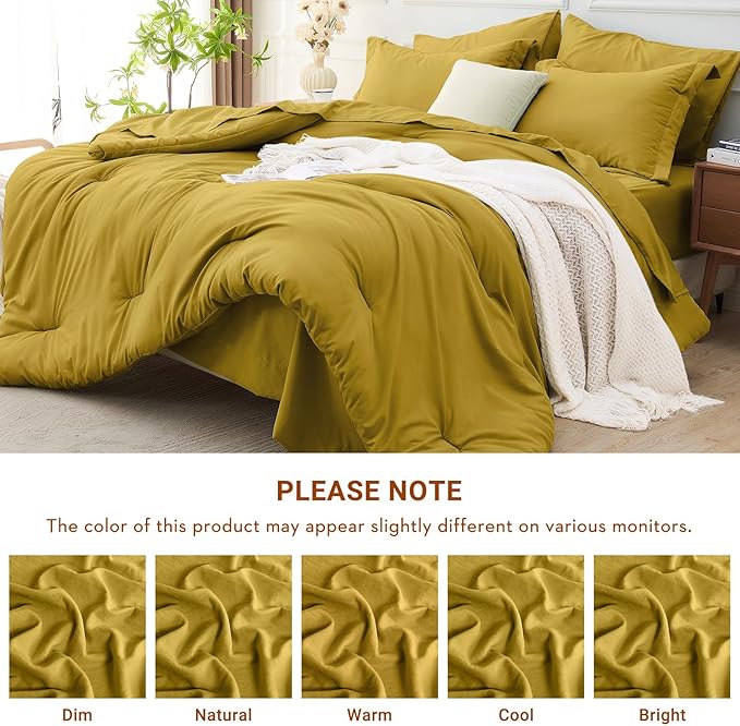 MUXHOMO 7 Pieces Full Comforter Set, Soft Bed in a Bag Full Size, All Season Bedding Set with Comforter, Flat Sheet, Fitted Sheet, Pillowcases & Shams, Mustard Yellow