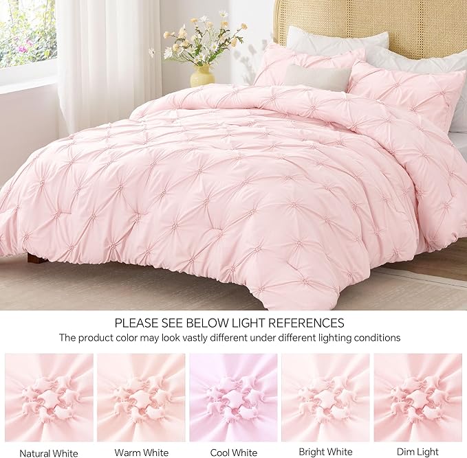 BEDELITE Baby Pink Queen Comforter Set - 3 Pieces Boho Pintuck Bedding Comforter Sets, Lightweight Soft & Warm Bed Comforter Queen with 2 Pillowcases for All Season