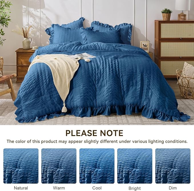JOLLYVOGUE Teal King Comforter Set, 3 Pieces Seersucker Comforters King Size, Lightweight & Fluffy Bedding Sets King for All Season with 1 Ruffle Comforter and 2 Ruffle Pillowshams