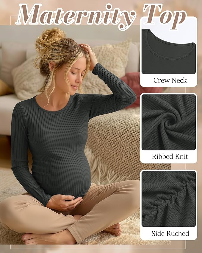 Huukeay 4 Pack Women's Maternity Shirts, Long Sleeve Cotton Ribbed Pregnancy Tops Side Ruched Crew Neck Casual Mama Clothes