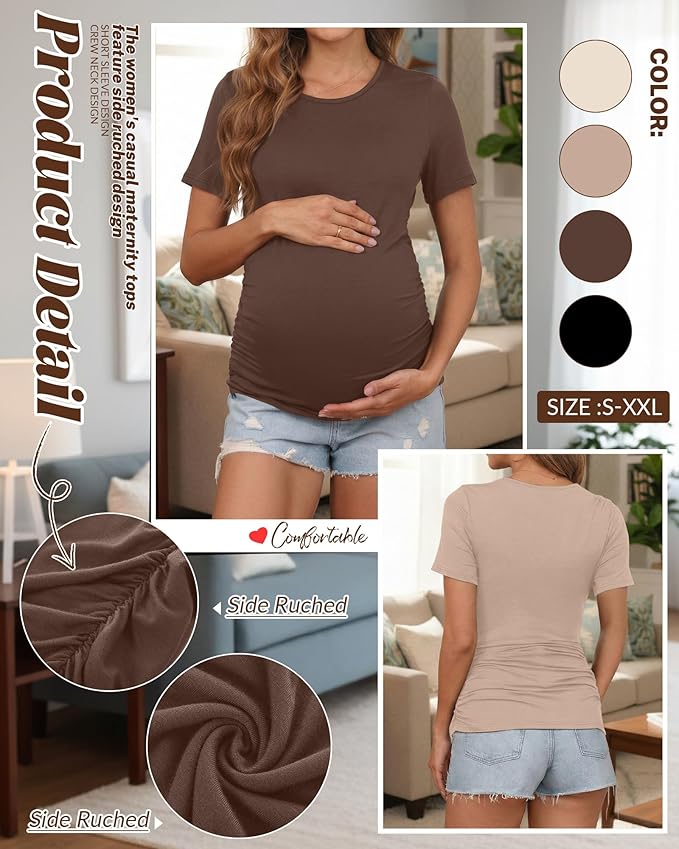 Huukeay 4 Pack Women's Maternity Shirts, Crew Neck Maternity Top Short Sleeve Casual Cotton Tee Side Ruched Pregnancy Clothes